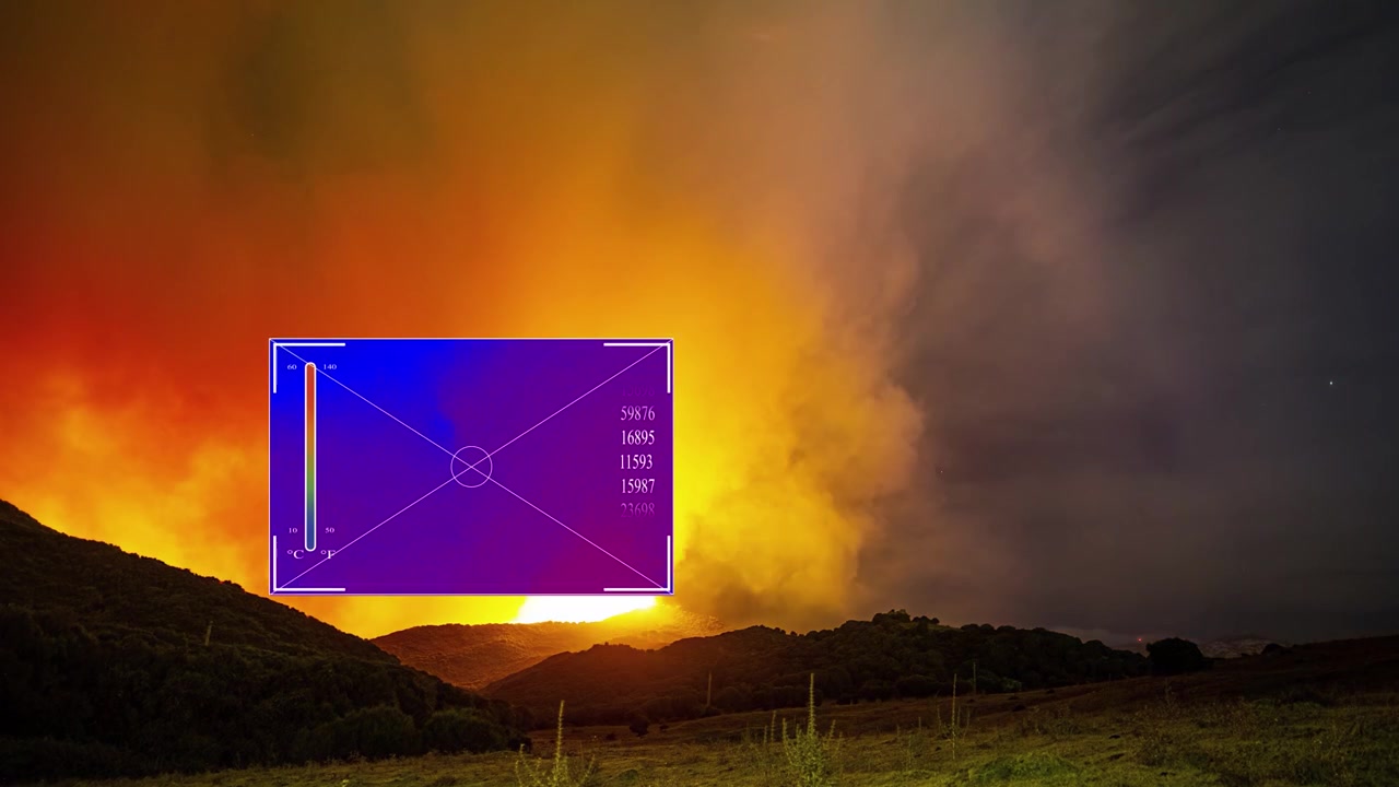 Timelapse di incendio boschivo con sovrapposizione grafica da telecamera termica. Rilevamento incendi da parte dei vigili del fuoco, mappatura del calore, risposta di emergenza in foresta