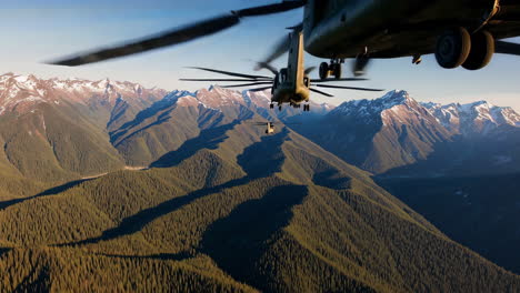 military helicopters over mountainous terrain