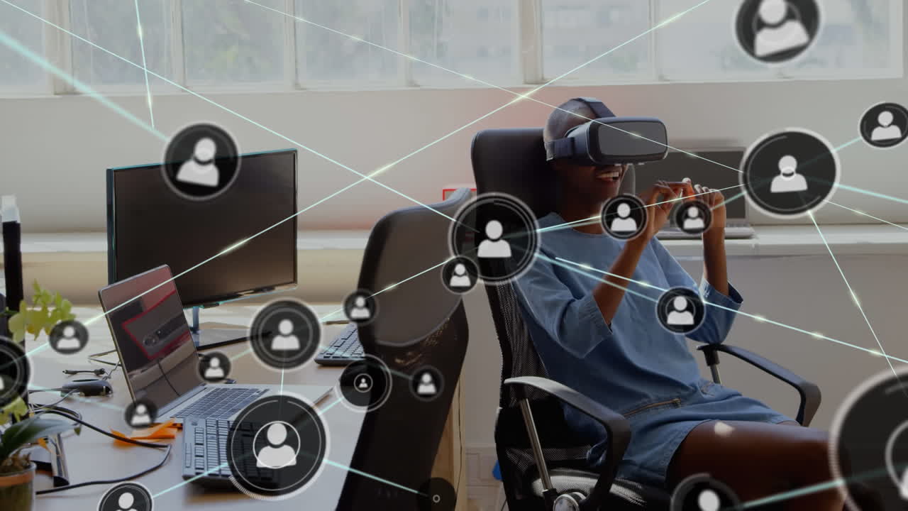 Koblinger i bevegelse og digitale data på en kvinne som bruker VR-hjelm