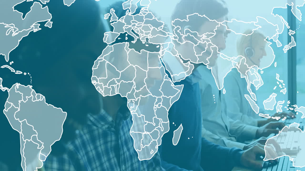 Animation of world map overlaying diverse people working on computers in office