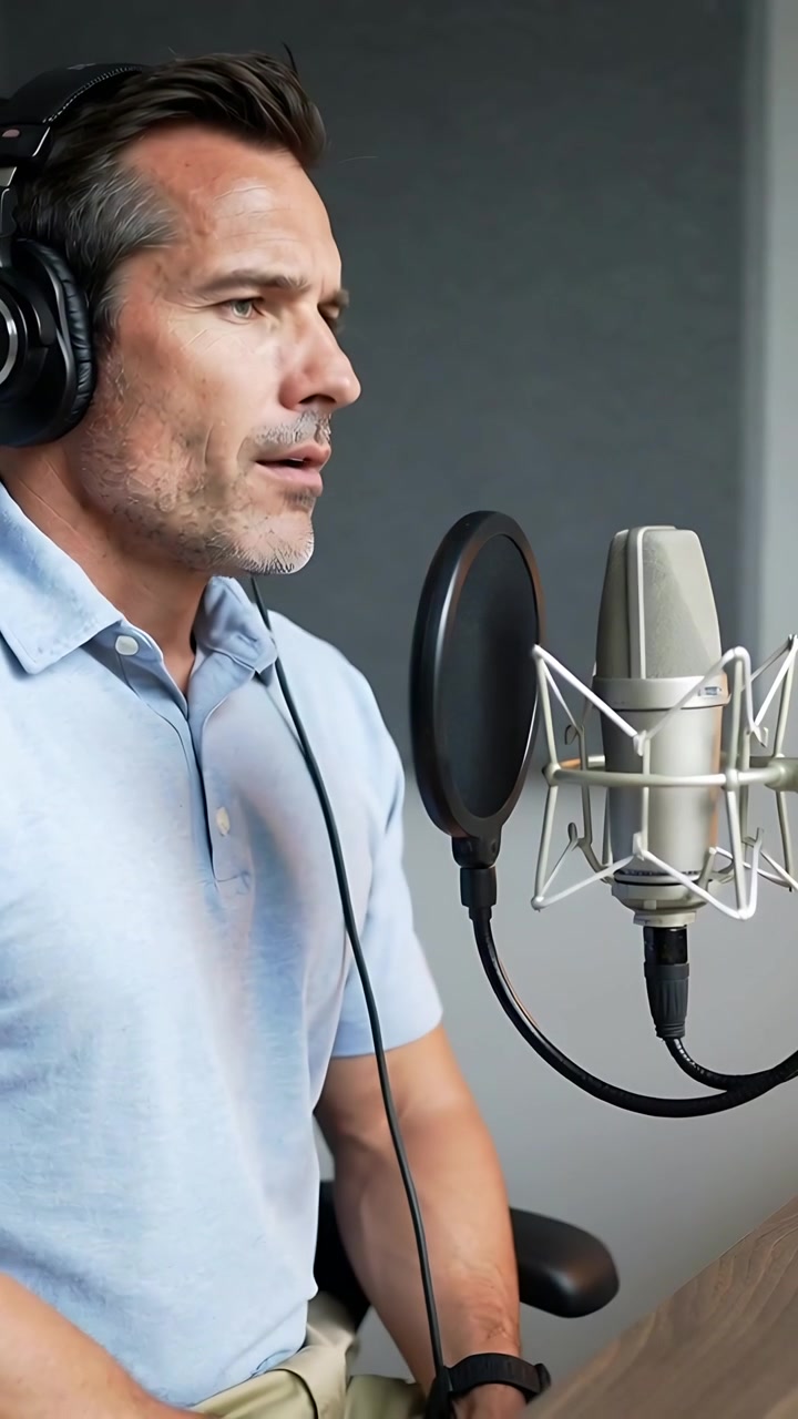 Vídeo vertical: Pressionando botão que inicia homem gravando vocais no microfone em estúdio, usando fone de ouvido