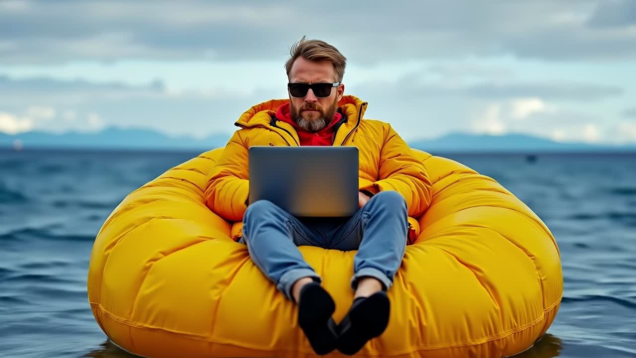 A man sitting on an inflatable tube in the water with a laptop
