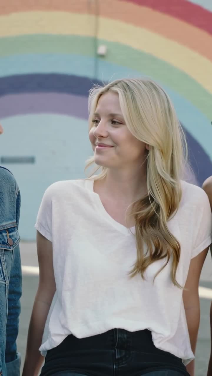 Vertical video: Reacting woman turning to off-camera cue, smiling by rainbow mural in tee and jeans