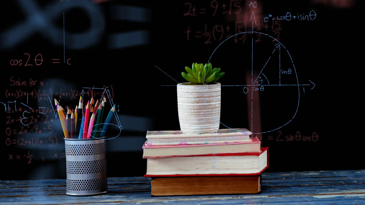 Mathematical equations floating against plant pot on stack of books and pencil stand