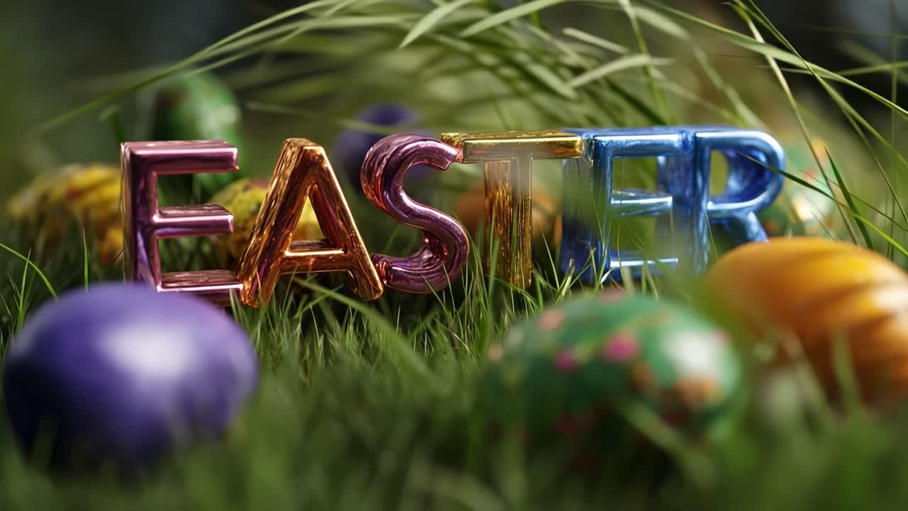Lettere di Pasqua colorate poggiano su erba verde vibrante. Uova di varie tonalità circondano la parola festiva. Un'atmosfera luminosa, giocosa e stagionale catturata.