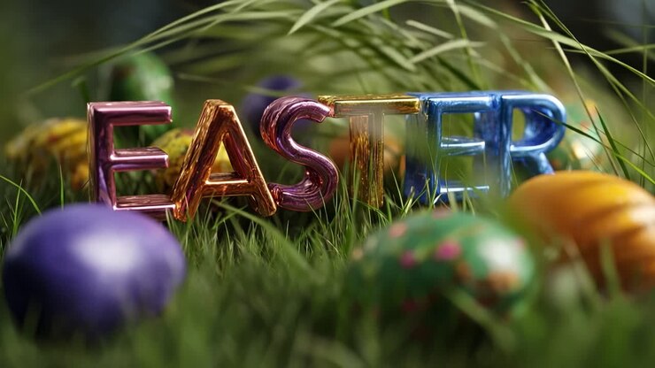 Colorful Easter letters rest in vibrant green grass. Eggs of various hues surround the festive word. Bright, playful, and seasonal atmosphere captured