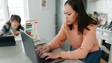 Computadora-Portátil,-Estrés-Y-Mujer-Y-Niña-Para-Trabajo-Remoto