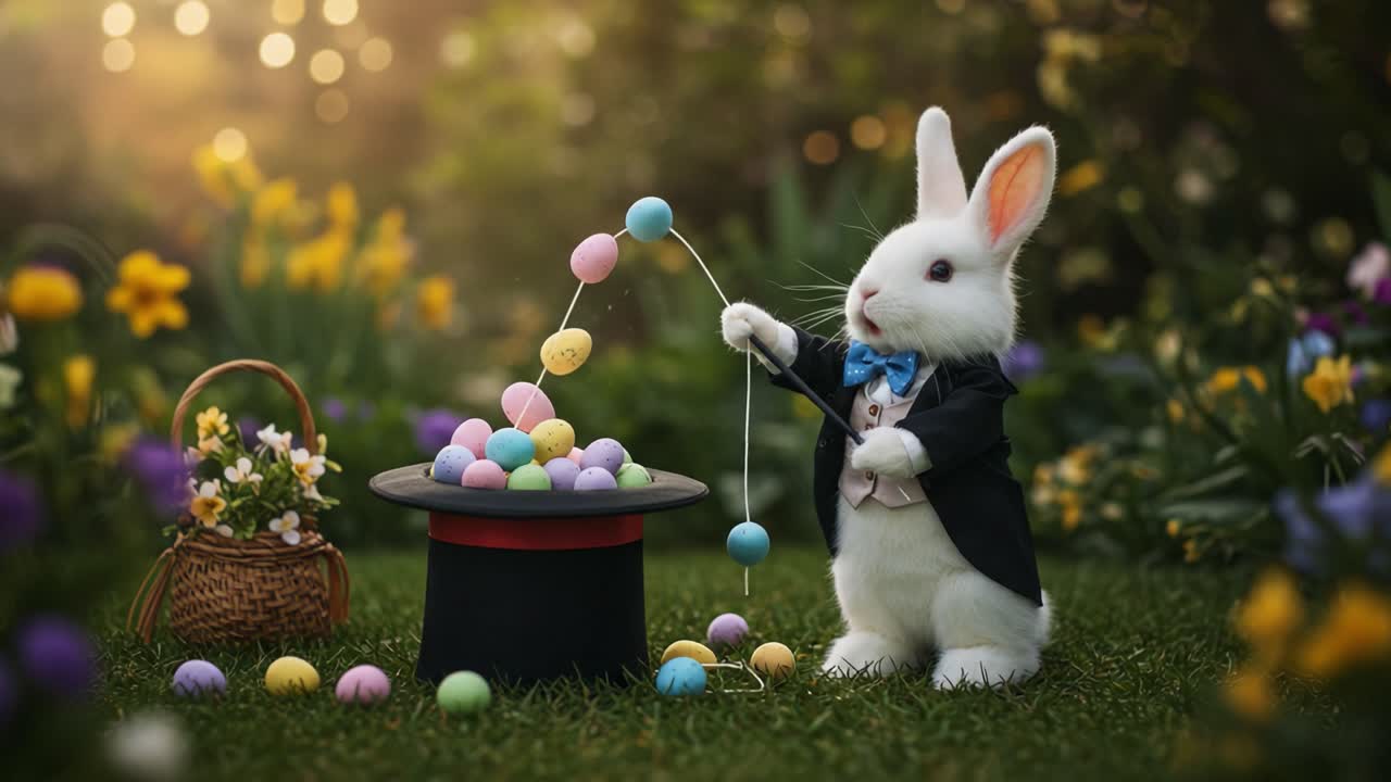 A Charming Magical Rabbit in a Dapper Suit Pulls Colorful Eggs from a Top Hat, Surrounded by a Lush Garden Filled with Vibrant Flowers and Enchanting Glow
