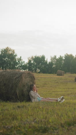 mujer sentada en el suelo pensativa, descansando contra una gran bala de heno en tierras de cultivo abiertas, paisaje rural pacífico con balas de heno esparcidas, luz cálida de la tarde, y un entorno rural sereno