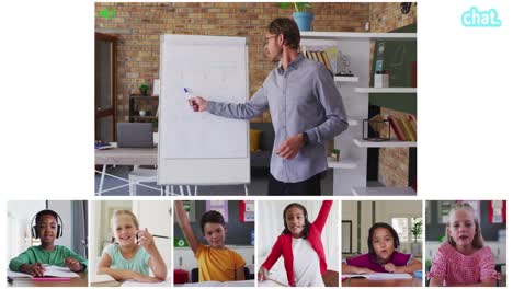 animation of video call screens of chalkboard and diverse teacher and children having online lesson