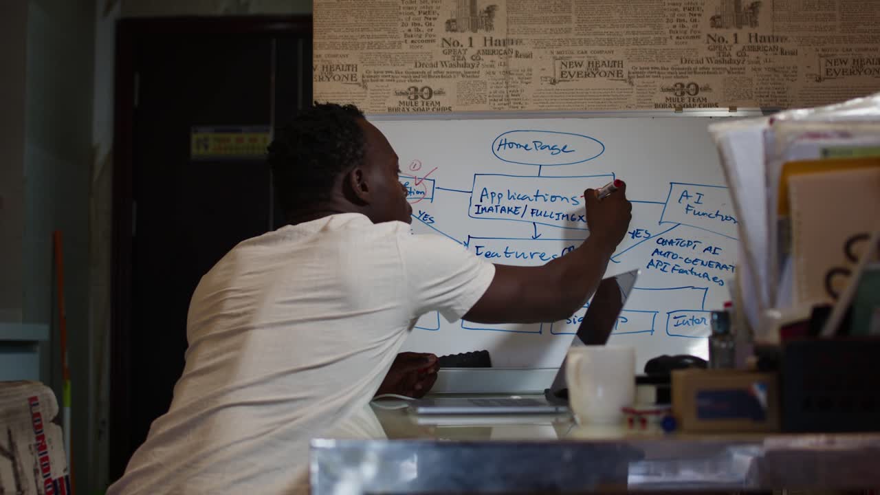 Focused man working on laptop with flowchart in background, deep concentration