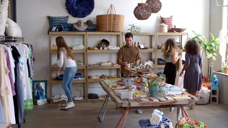 Customers and sales assistant in a busy clothes shop