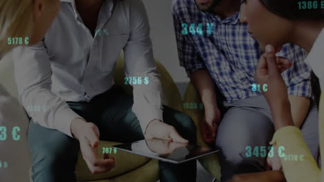 discussing financial data, diverse group using tablet with currency symbols animation