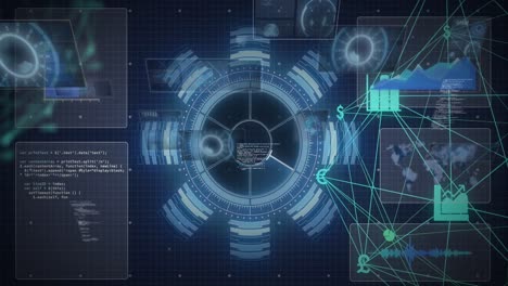 Animation-of-connected-icon-globe,-radars,-map-and-graphs-over-arc-reactor-in-background