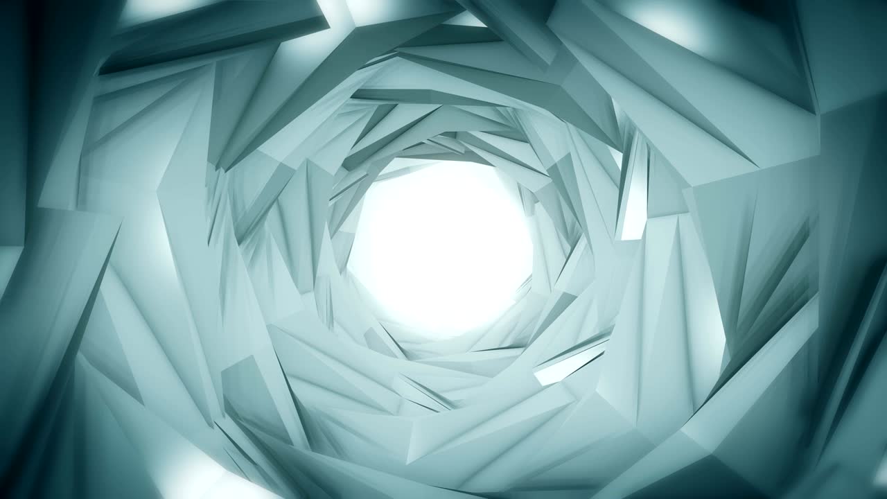 túnel de tecnología abstracta. construcción de metal plateado esquinas afiladas con reflejos la cámara gira y se mueve hacia adelante hacia la luz blanca. fondo dinámico para el proyecto