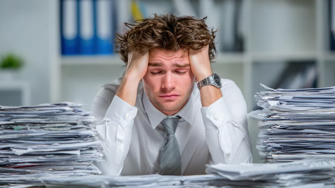 Overwhelmed Office Worker Buried in Paperwork Experiences Stress and Frustration While Struggling to Manage His Tasks in a Chaotic Work Environment