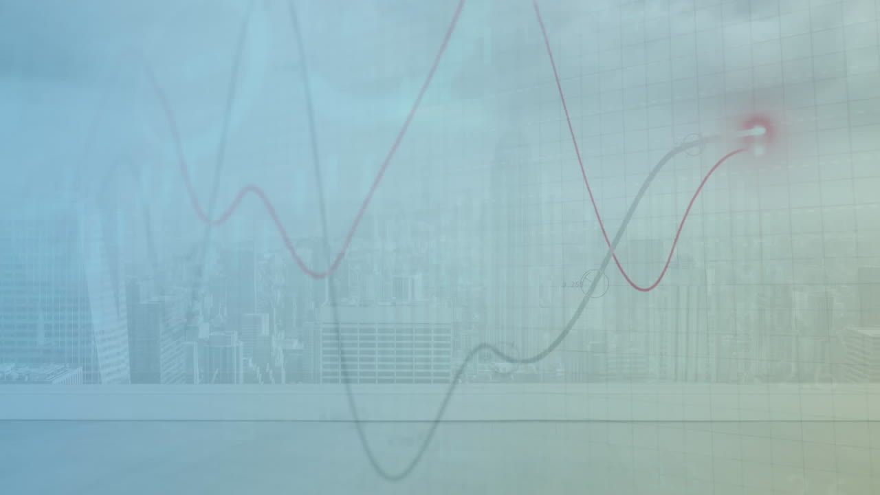 Animation of graphs, loading circles and trading board over fog covered modern cityscapes