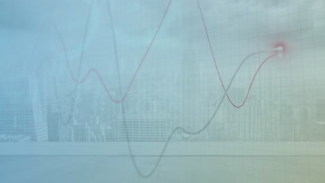 animación de gráficos, círculos de carga y tablero de negociación sobre paisajes urbanos modernos cubiertos de niebla
