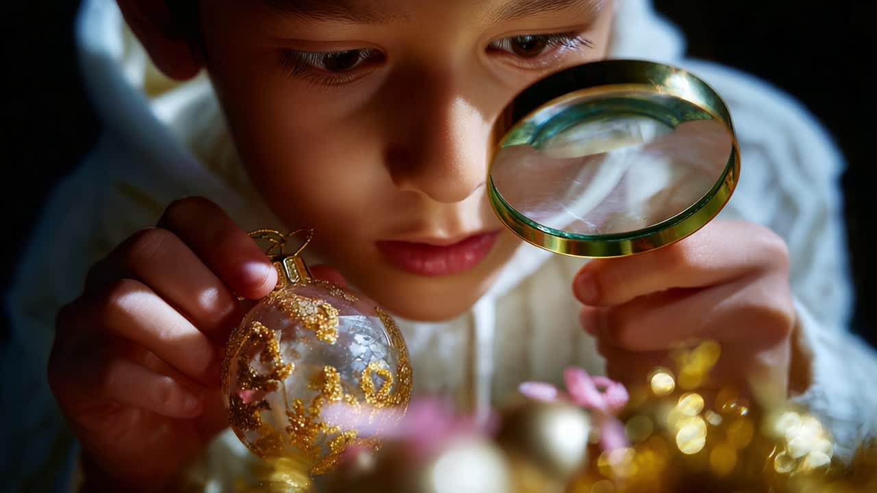 A Curious Child Examining Ornaments with a Magnifying Glass in a Delightful Exploration of Treasure and Discovery, Inspiring Imagination and Joyful Awe in Their Eye