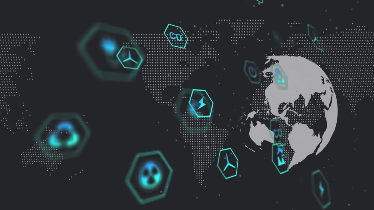 Stylized globe rotating over dark dotted map interface, showing neon teal hex icons floating