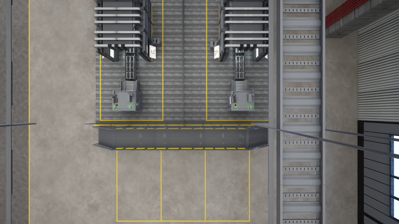 Top down view of automated factory with conveyor belts, 3D render