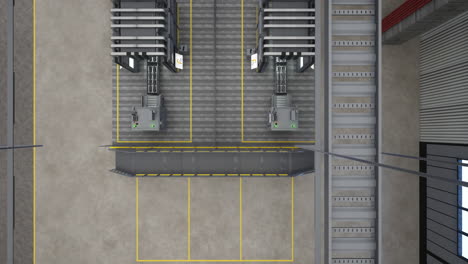 Vista-De-Arriba-Hacia-Abajo-De-Una-Fábrica-Automatizada-Con-Cintas-Transportadoras,-Representación-3d