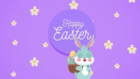 feliz día de pascua letras con conejo levantando huevos en la canasta