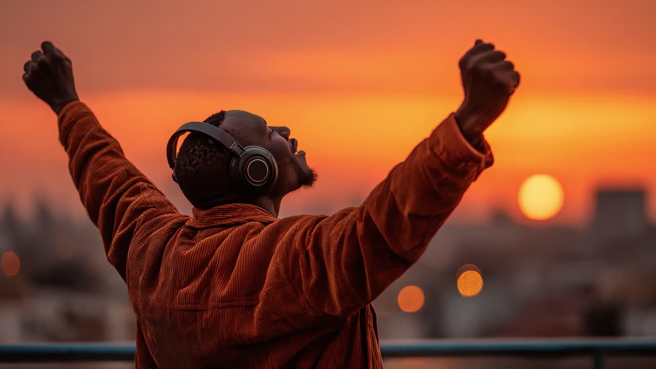 Una gioiosa celebrazione della vita: un uomo ammira il meraviglioso tramonto ascoltando musica, esprimendo pura felicità e libertà in un momento di serenità