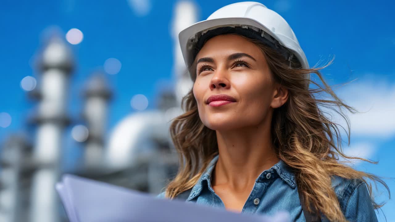 A confident woman in a hard hat gazes upwards with a determined expression, holding blueprints, symbolizing her role in engineering and the construction industry amidst a backdrop of industrial structures