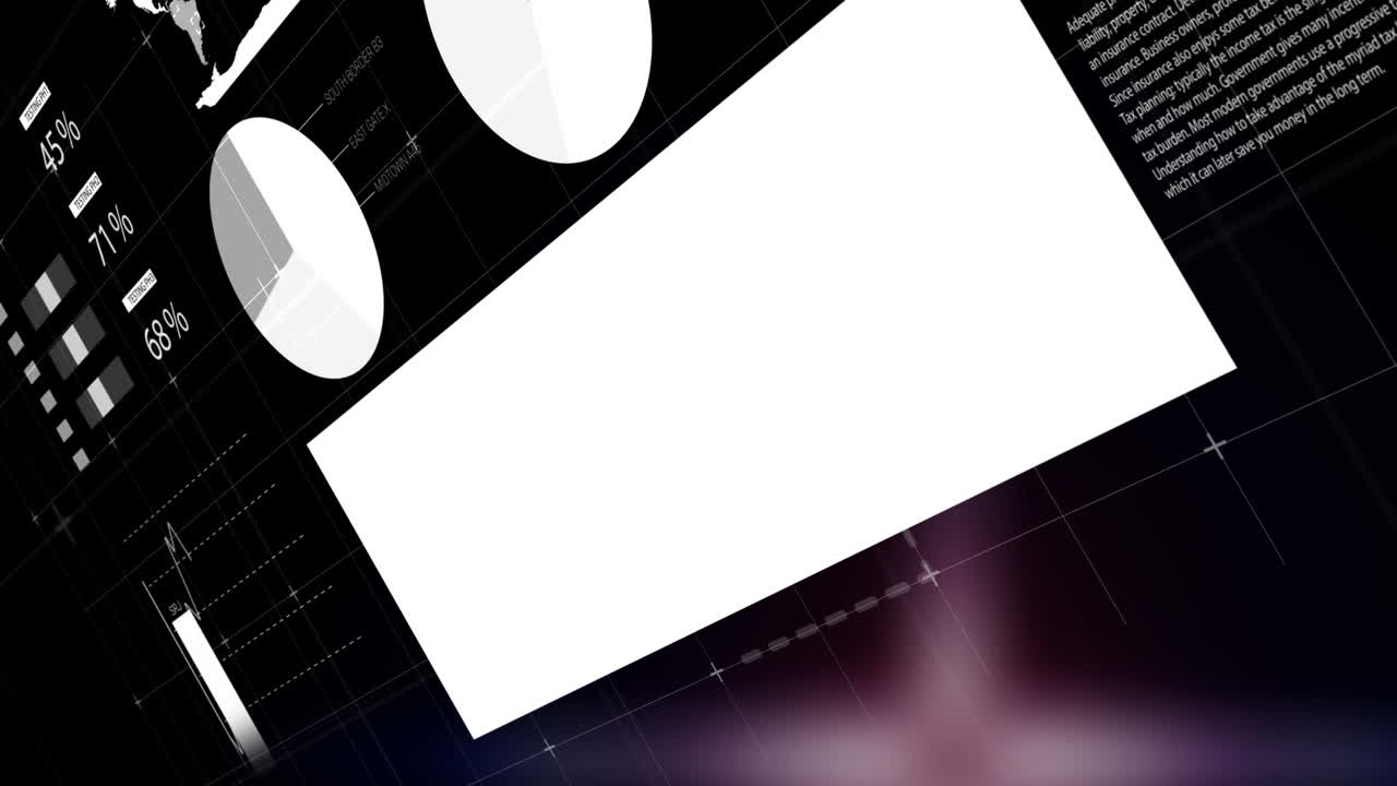 animación del procesamiento de datos estadísticos contra un punto de luz púrpura sobre un fondo negro