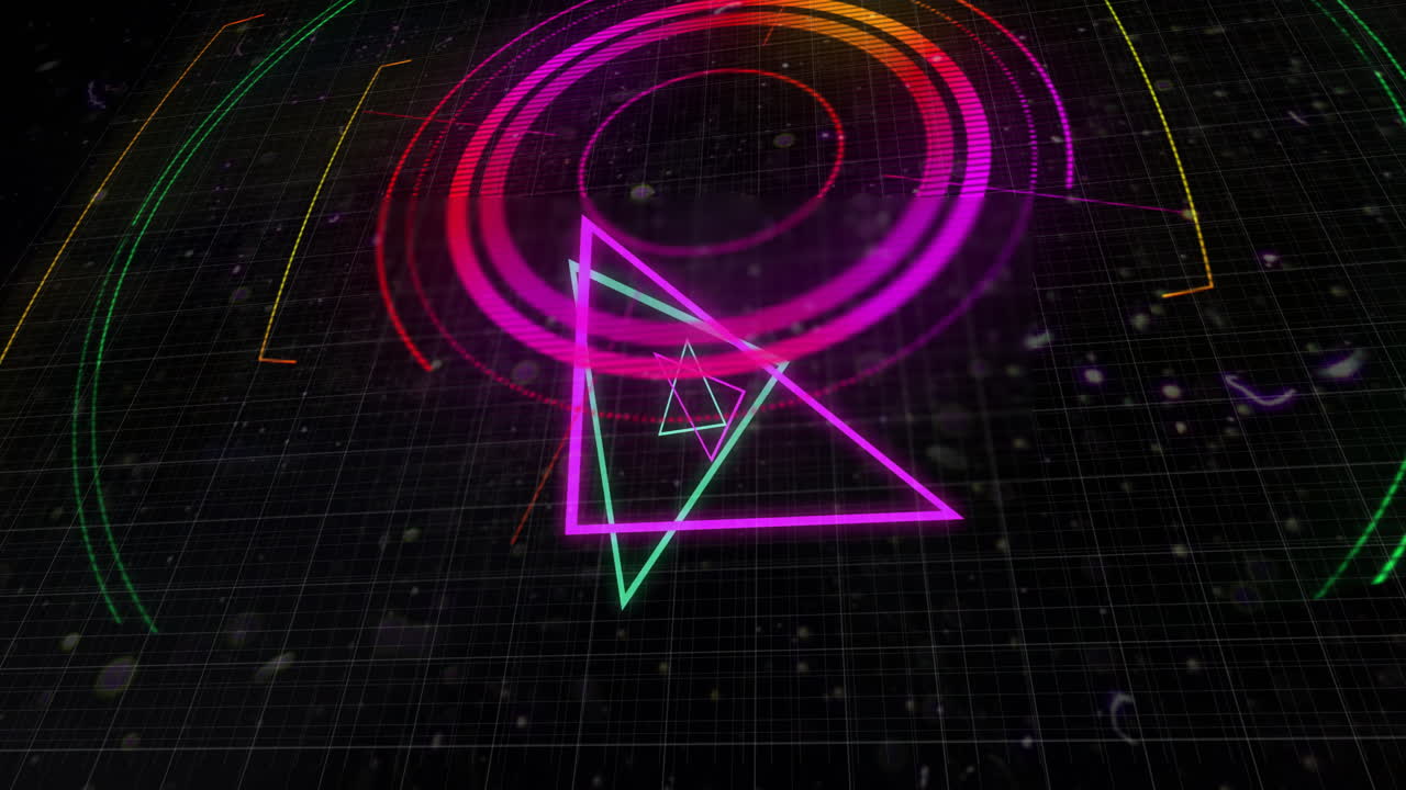 Animation of colourful neon triangles over circular scanner and networks on black background