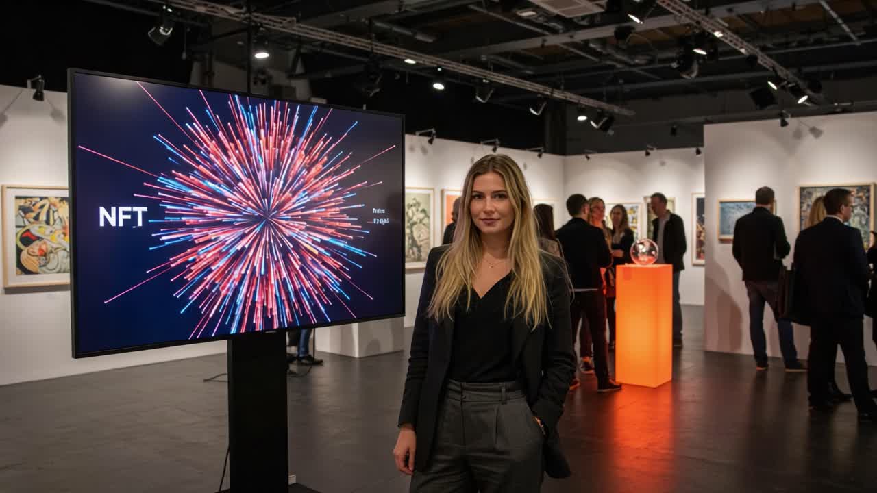 Exploring the Future of Art and Technology: A Woman Engages with the NFT Art Exhibit in a Modern Gallery Setting, Showcasing Innovative Digital Creations
