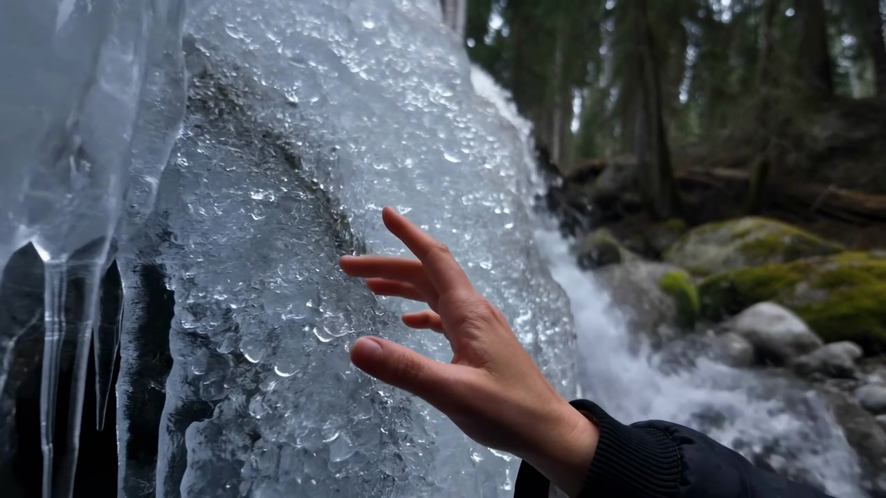Human hand reaches toward, touches, then withdraws from thick textured ice wall beside flowing forest stream, with fingers meeting bubbly frozen surface, cold blue translucence, mossy rocks