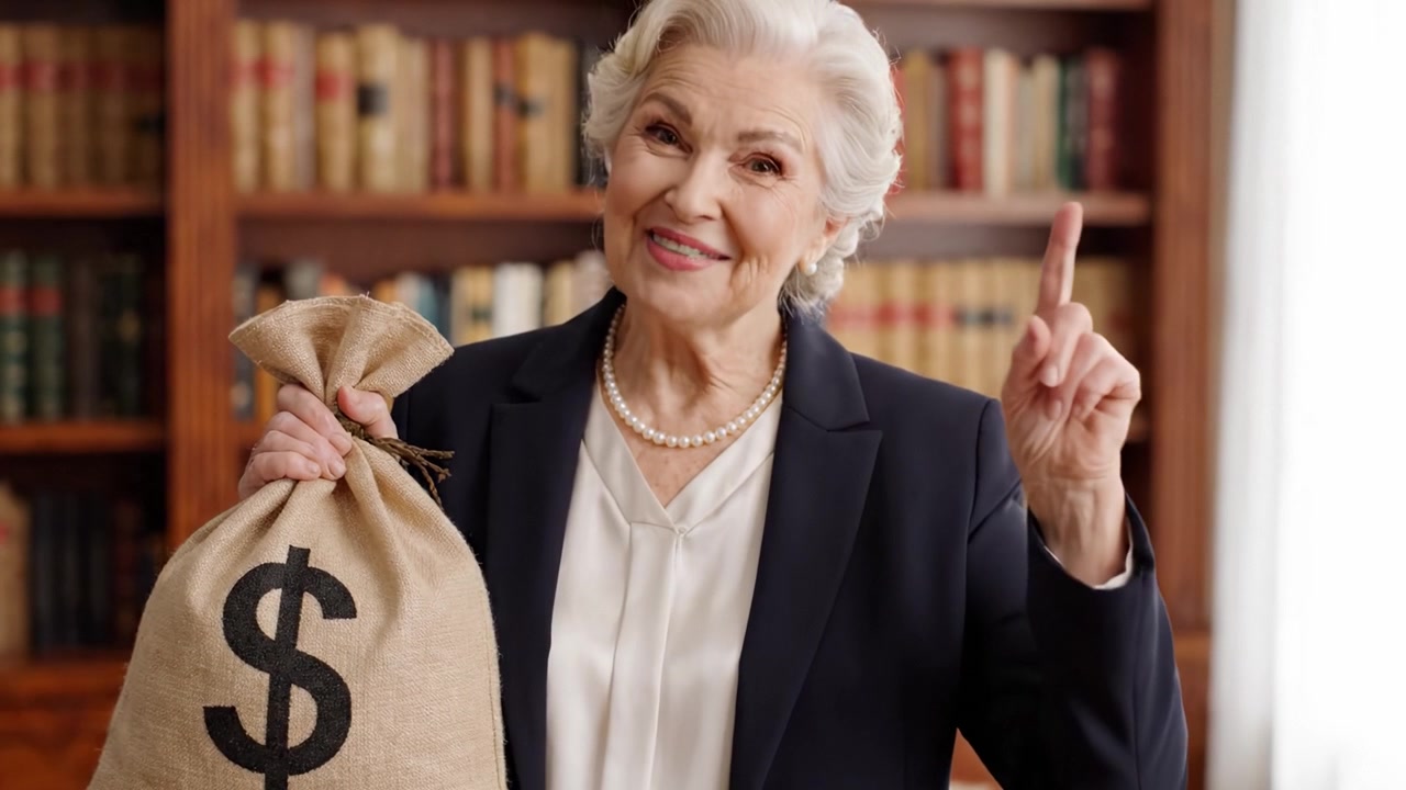 A Confident Elderly Woman Proudly Displays a Bag of Money, Radiating Positivity and Success in a Cozy Library Setting Filled with Books