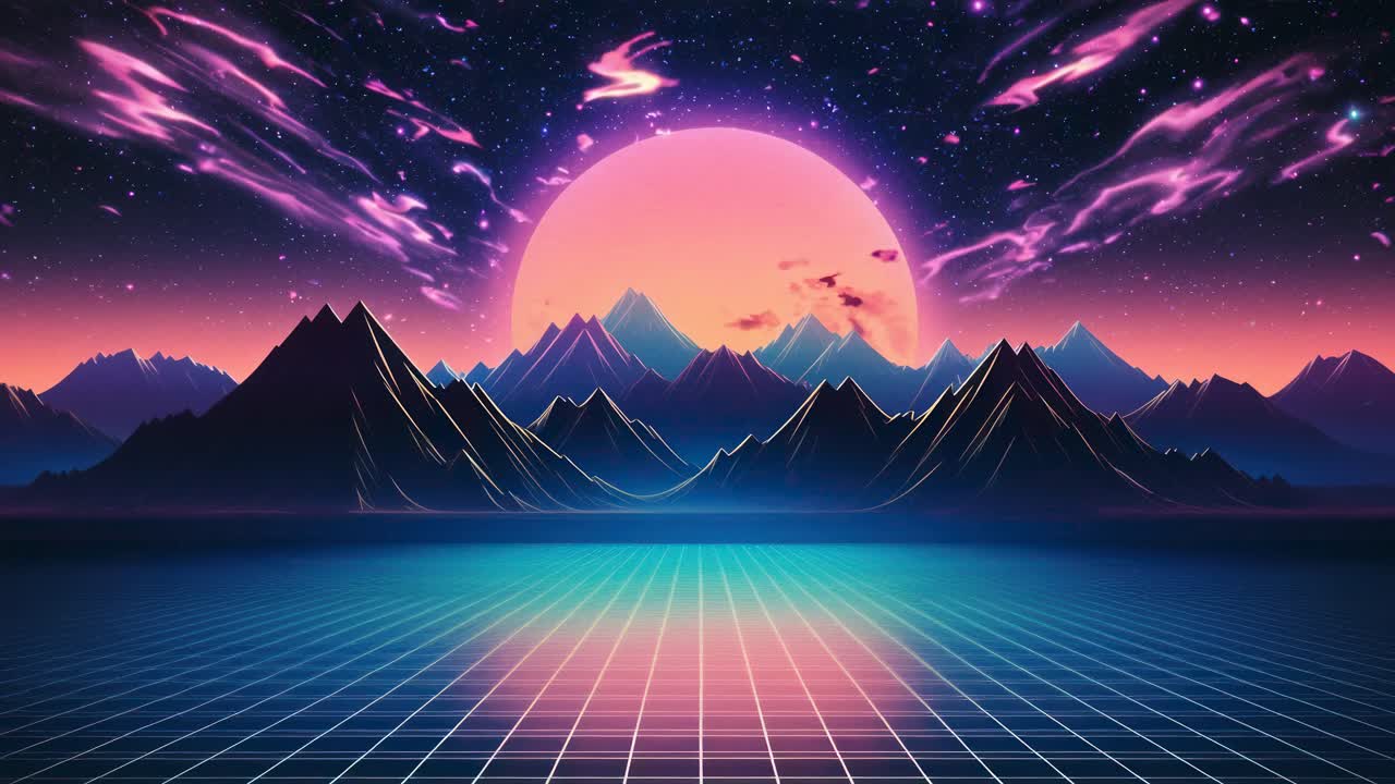 Paesaggio retro-futuristico con griglia al neon, montagne e tramonto