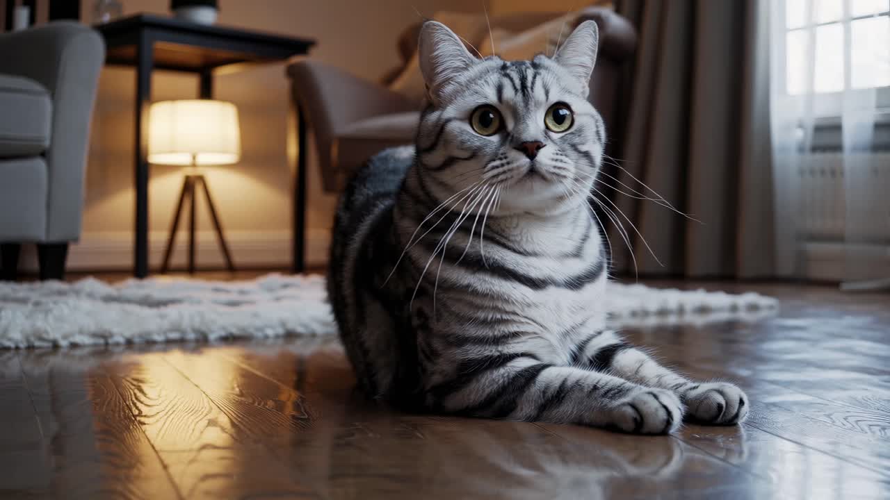 A cozy video scene of a cat lounging on a wooden floor, captured from a low angle