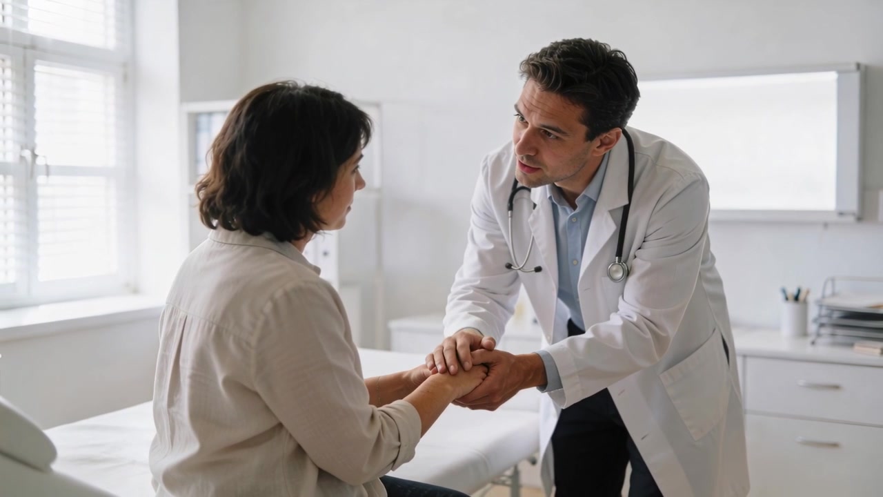 Médico examinando con bata blanca, respondiendo a un paciente que extiende las manos, palpando la muñeca en la mesa de examen