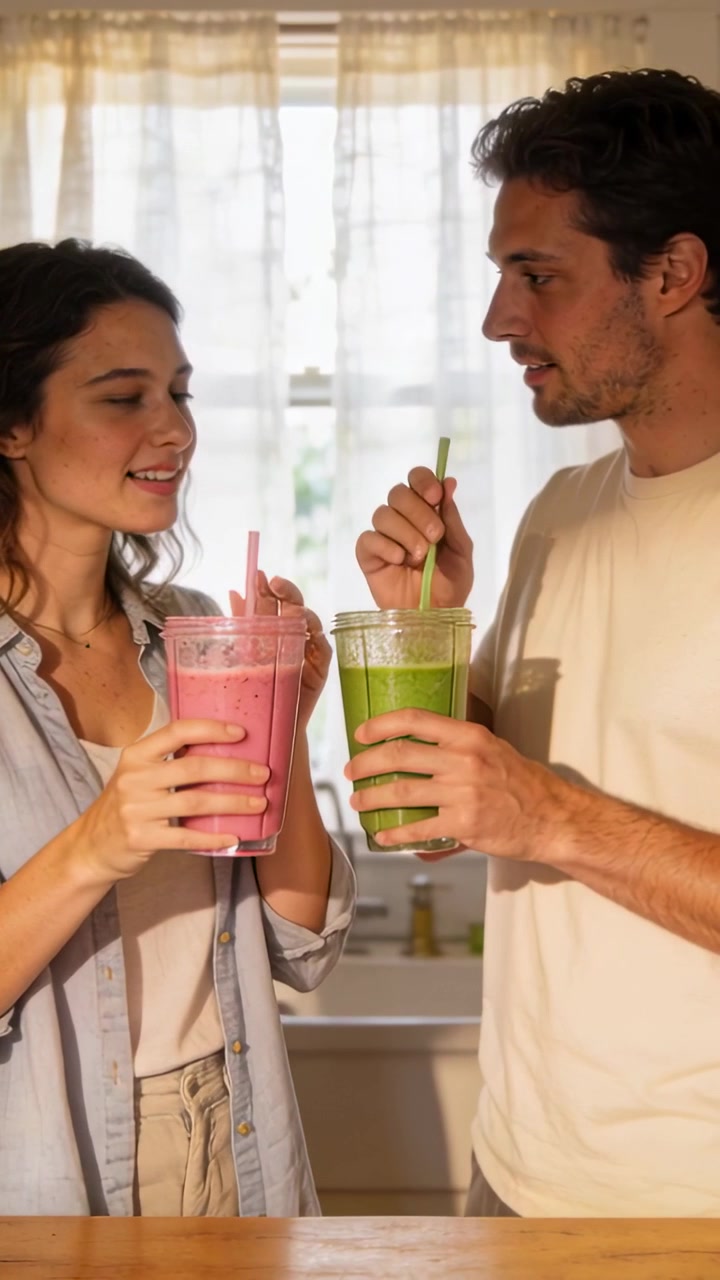 Video verticale: Coppia sorridente in cucina a casa, in camicia e maglietta che condividono tazze rosa e verdi con cannucce