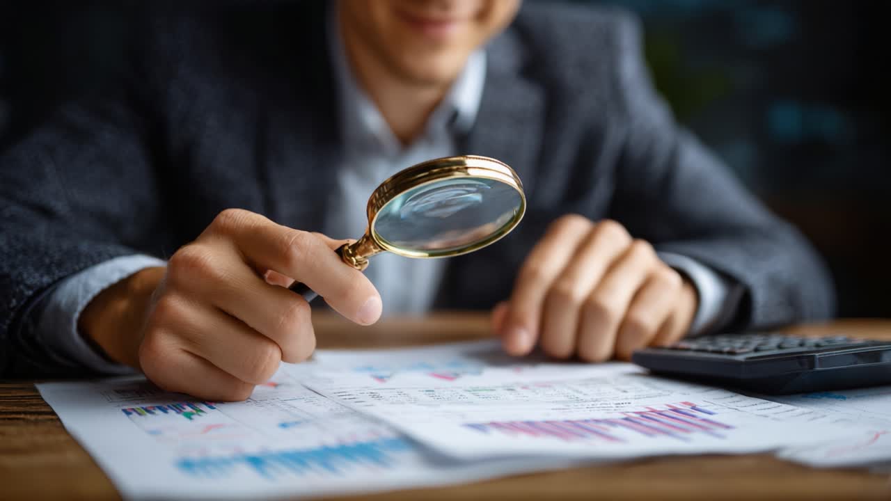 Un examen detallado: un individuo que analiza datos con una lupa sobre informes y gráficos financieros para obtener información y tomar decisiones informadas.