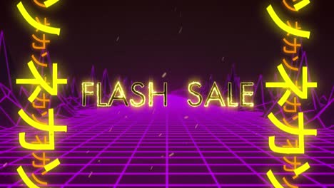 Animation-Von-Flash-Sale-Text-über-Neonlinien-Und-Digitalen-Bergen-Auf-Schwarzem-Hintergrund