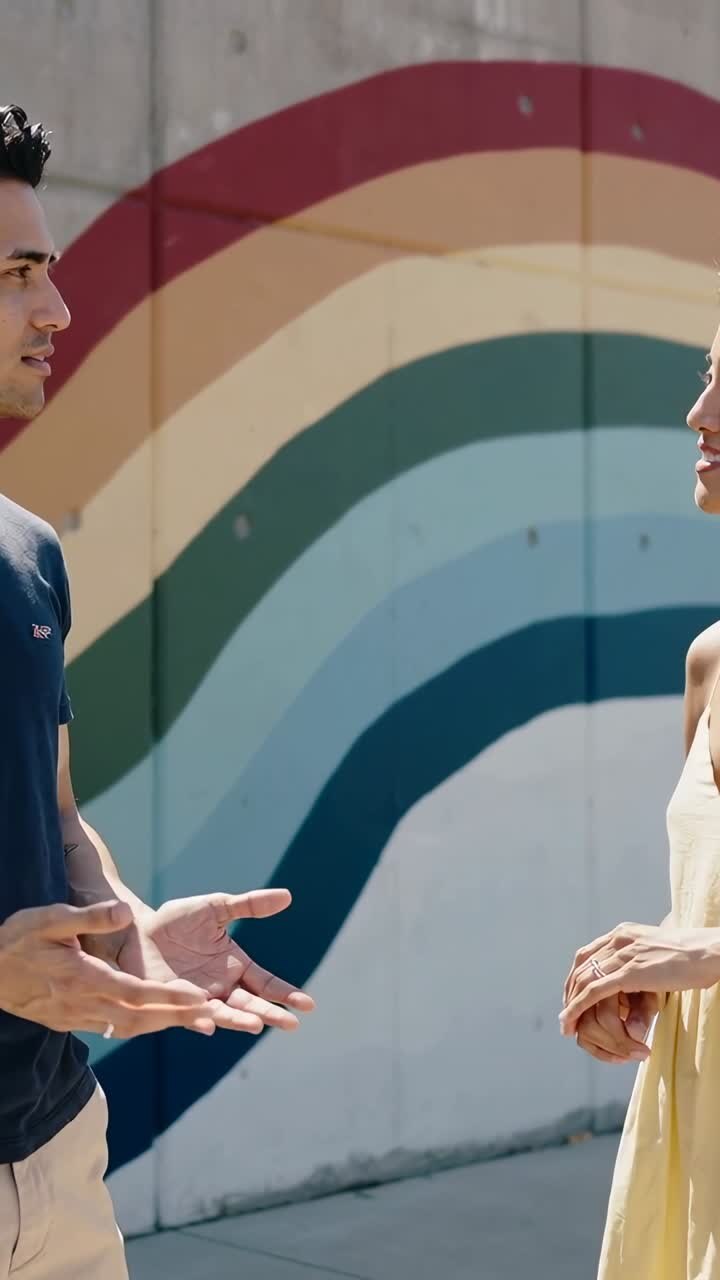 Man and Woman Having a Conversation in Front of a Rainbow Mural