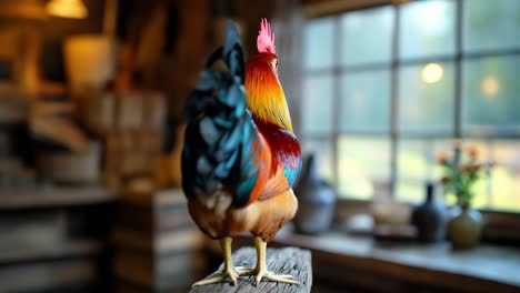 colorful rooster by the window