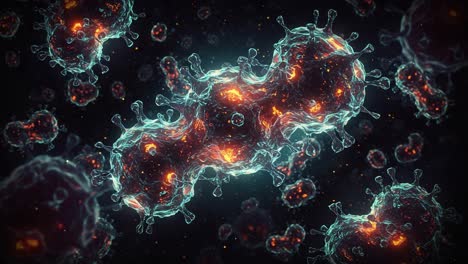 dynamic visual representation of microscopic particles imagery depicting molecular structures and vibrant energy, showcasing complex interactions in a digital environment