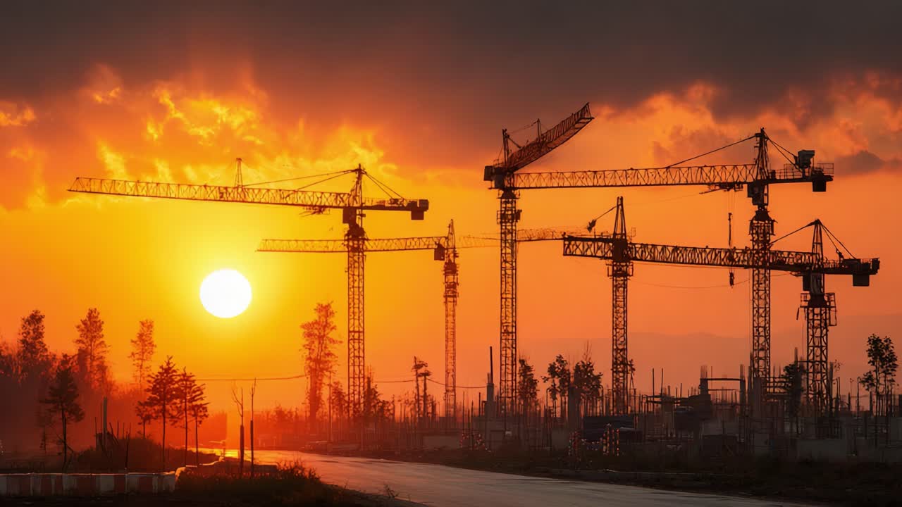 Silhouetted Construction Cranes Against a Vibrant Sunset Sky: A Breathtaking Transformation of Urban Landscape at Dusk