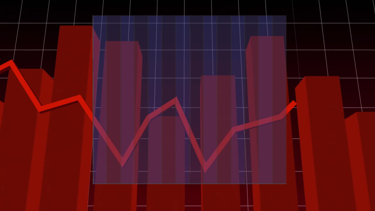 Red bar chart and fluctuating line graph animation over grid background