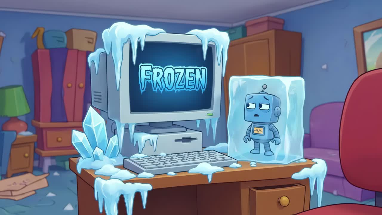 Animated Robot and Vintage Computer Frozen in Ice