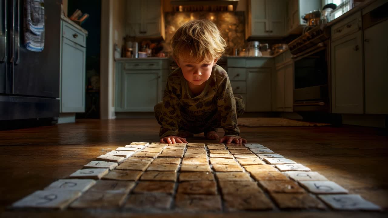 Utelias pieni tutkija leikkisässä oppimistilanteessa numeroitujen laattojen kanssa kodikkaassa keittiöympäristössä, jota korostaa lämmin valo, mikä parantaa leikkisää kokemusta.