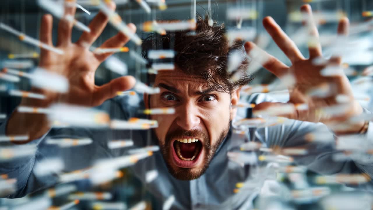 A Distressed Individual Surrounded by Projectiles, Expressing Agony and Fear in a Chaotic Environment, Emphasizing Emotion and Turmoil Amidst Rapid Motion and Tension