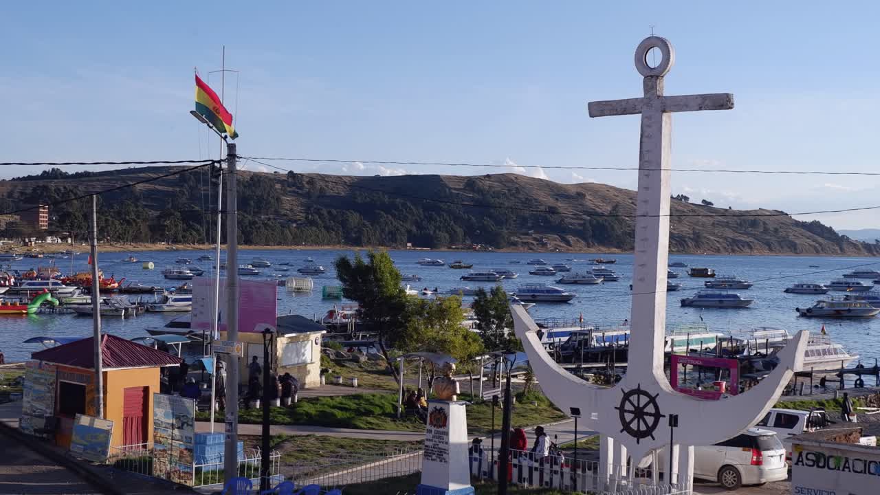 Anchor stands in Copacabana harbour on Lake Titicaca in Bolivia