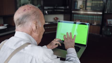 hombre mayor solitario sentado en la mesa en la sala de estar frente a la pantalla de la computadora moderna con pantalla verde clave croma y sosteniendo una llamada de video virtual con los miembros de la familia en la distancia, vista trasera de